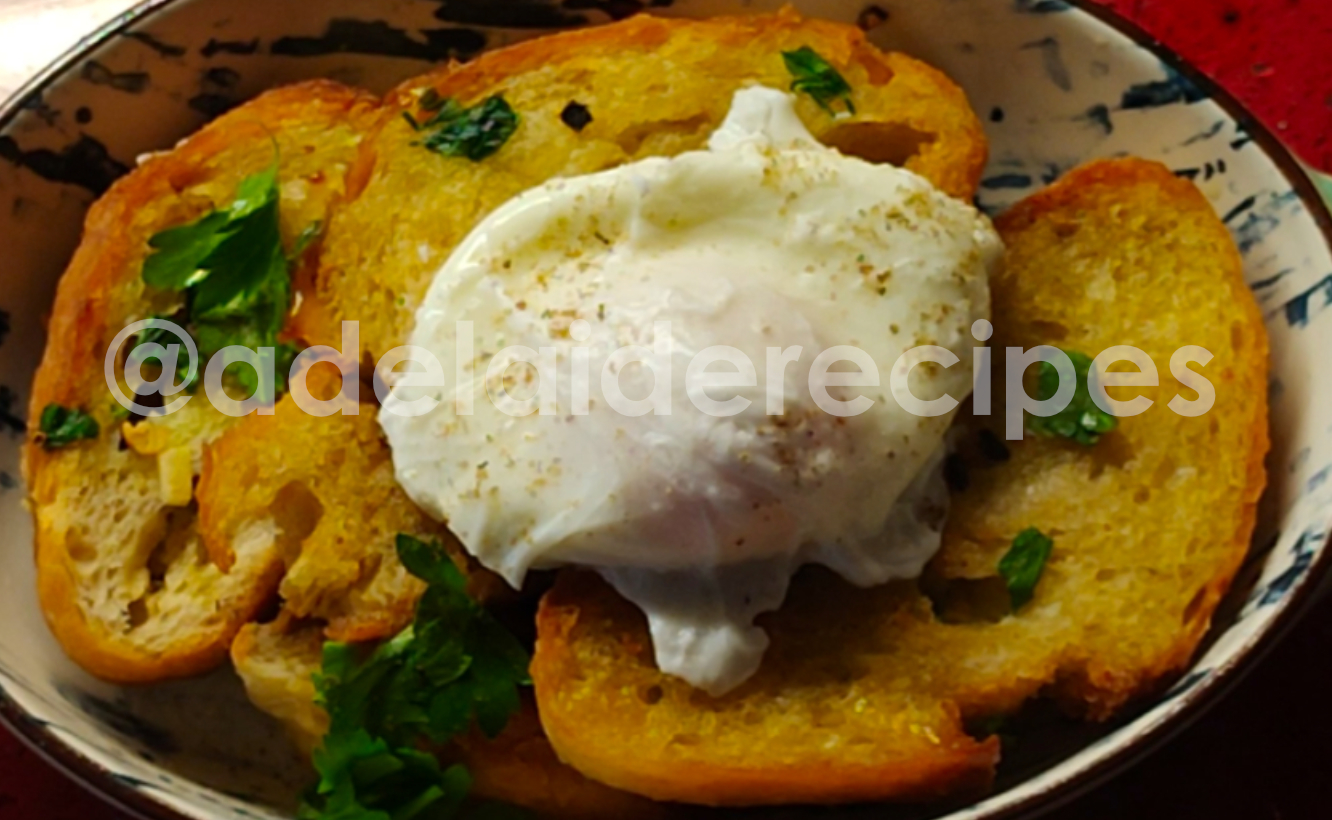 Garlic Bread with Olive Oil and Poached Egg
