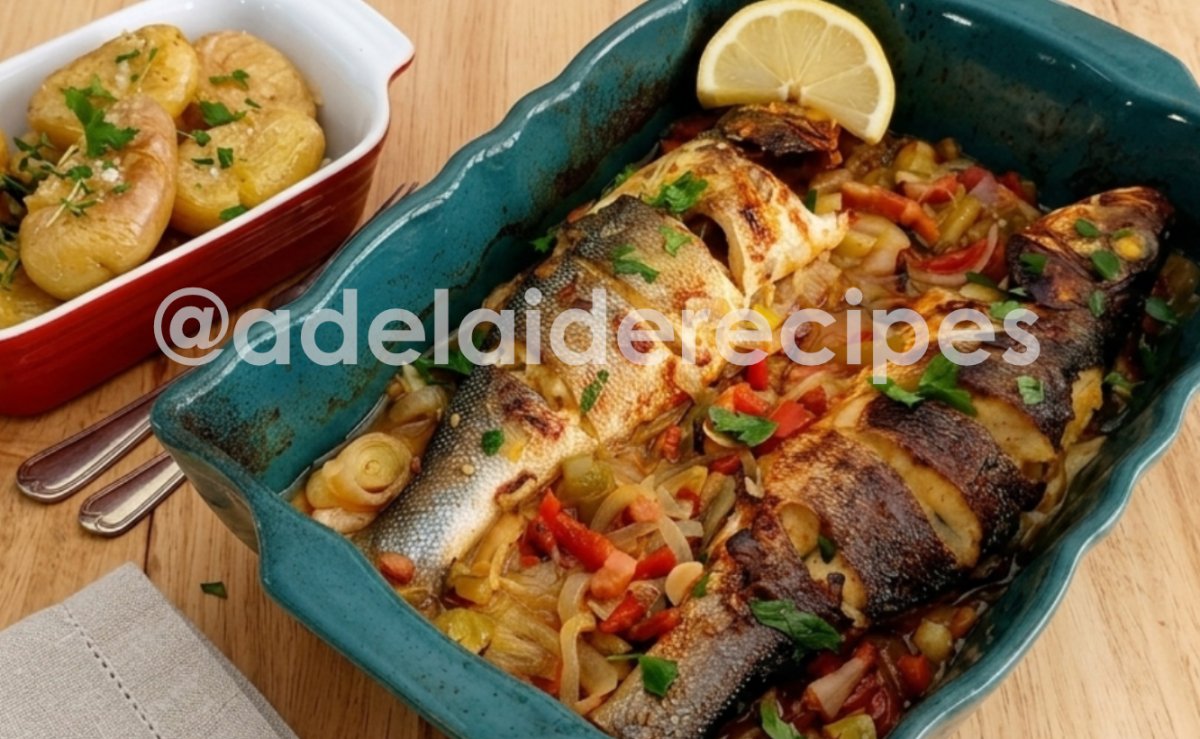 Sea bass in the oven with mashed potatoes and vegetables