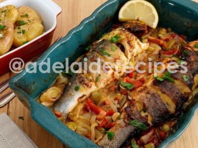Sea bass in the oven with mashed potatoes and vegetables