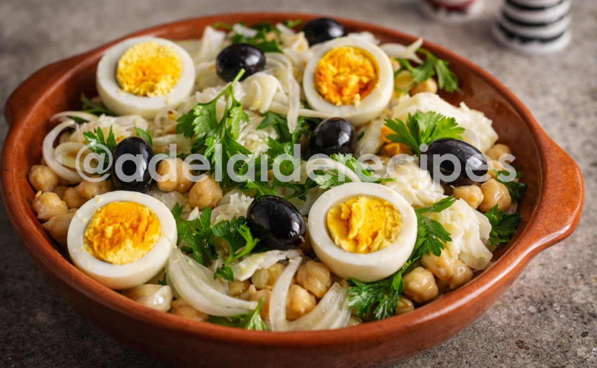 Salt Cod with Chickpeas, Boiled Egg and Olives