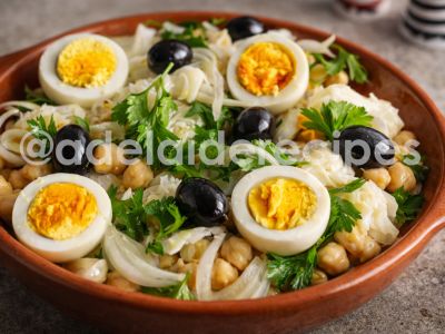Salt Cod with Chickpeas, Boiled Egg and Olives