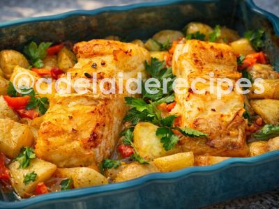 Baked Cod with Potatoes and Peppers
